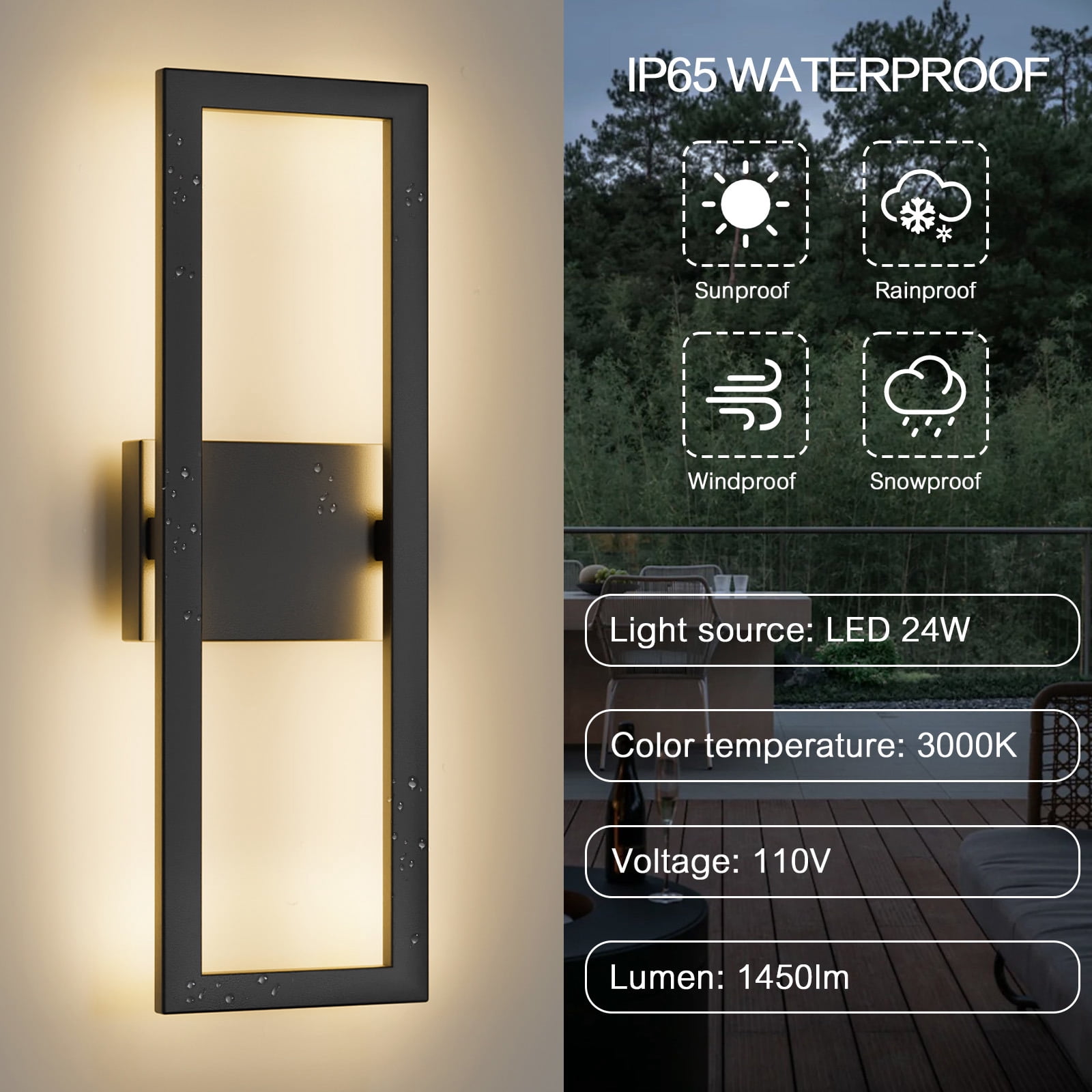 Modern LED Wall Sconces Porch Wall Lights Rectangular Exterior Wall Sconce 3000K, Matte Black Outdoor Wall Lights for for Front Door House Garage Indoor 2PC