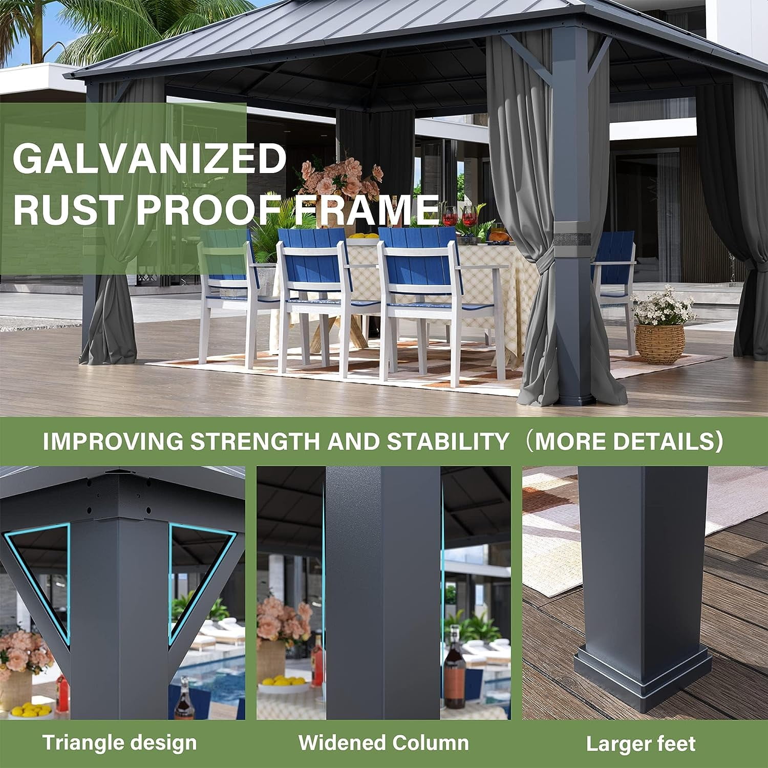 Kullavik 12'x14' Hardtop Gazebo, Outdoor Double Roof Canopy with Netting and Curtains, Galvanized Metal Frame, Sunshade for Patio, Backyard, Deck and Lawns-Gray