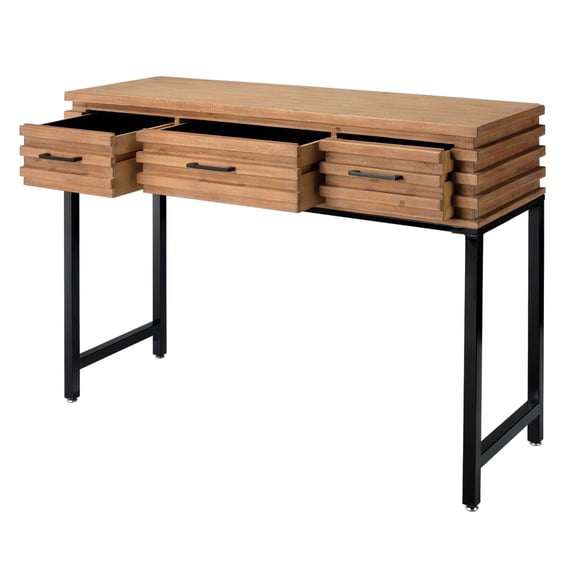J&D Designs Logan 3-Drawer Transitional Wood & Iron Console Table in Brown/Black