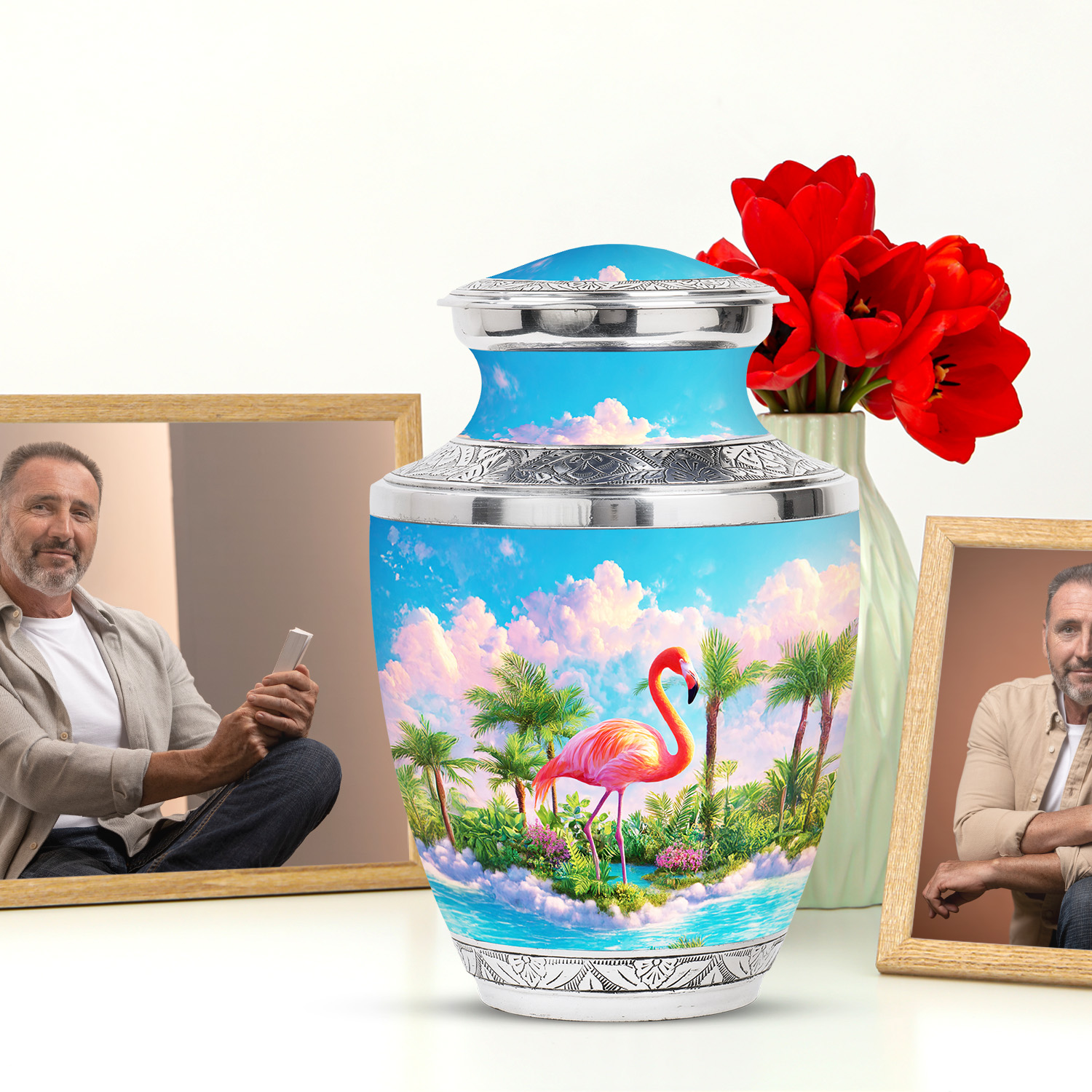 JAGASY Pink Flamingo Memorial Urn for Ashes Adult Male, Blue Urns for Human Ashes, Tropical Landscape & Palm Trees Decorative Urns for Couple, Large Cremation Urn for Husband & Wife, (10 Inch)