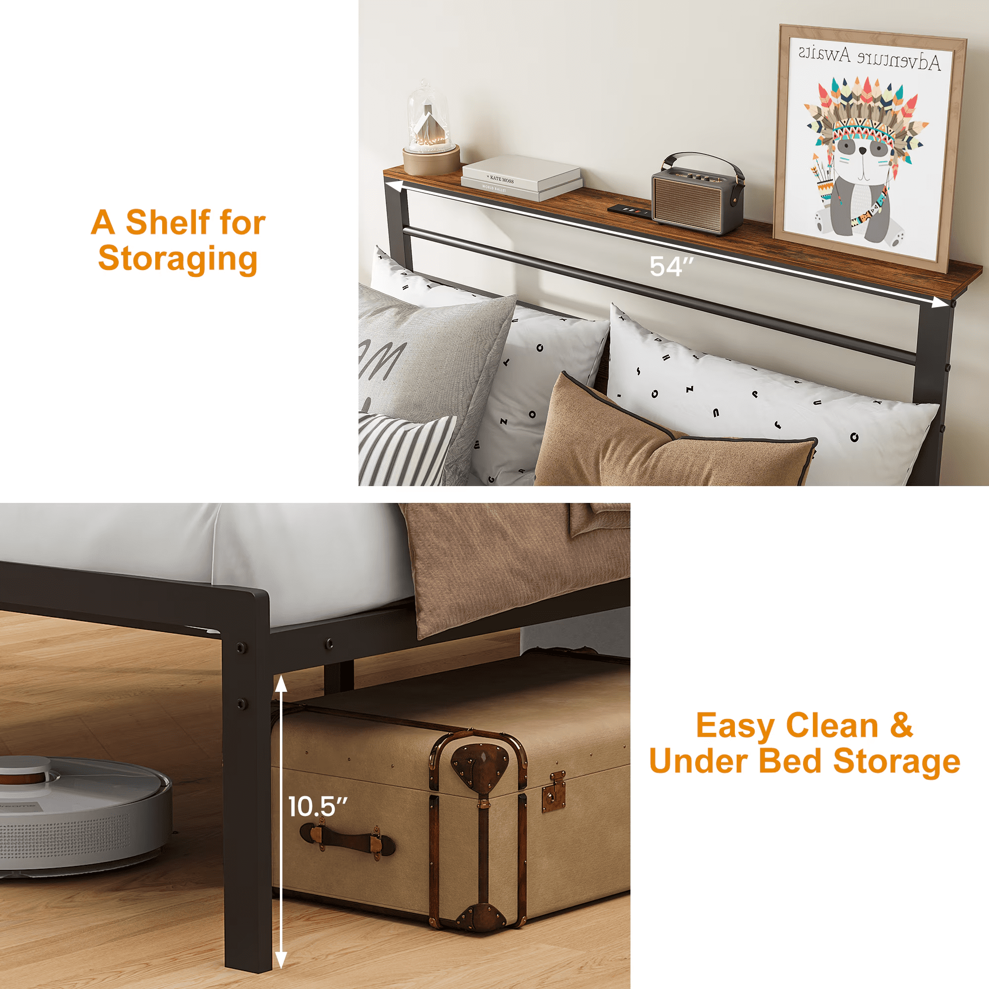 Mintazer Full Size Metal Platform Bed Frame with Upholstered Headboard & Charging Station, No Box Spring Needed, Brown