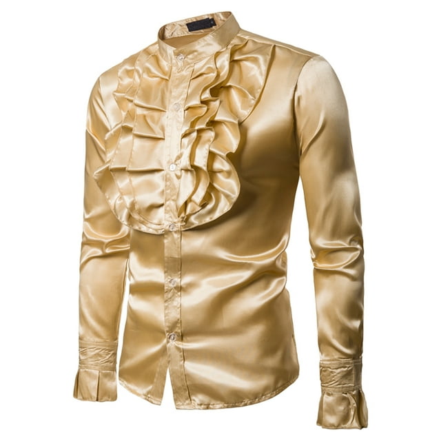 Faithtur Men Satin Ruffle Shirts, Long Sleeve Stand Collar Solid Color Slim Fit Dress Shirt