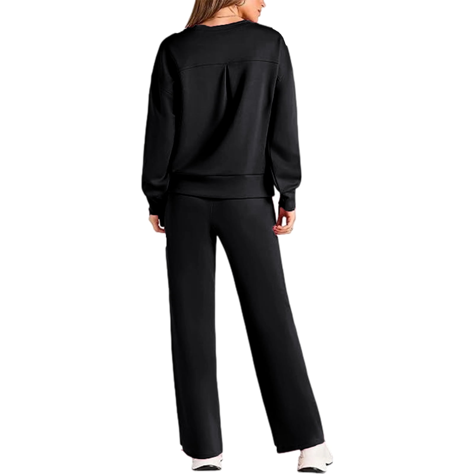 Womens 2 Piece Plus Size Lounge Sweatsuits Sets Long Sleeve Drawstring Sweatshirt Wide Leg Sweatpants Solid Color Loose Outfits Dressy Fall Winter Matching Sets with Pockets 2025 Black 2XL - image 4