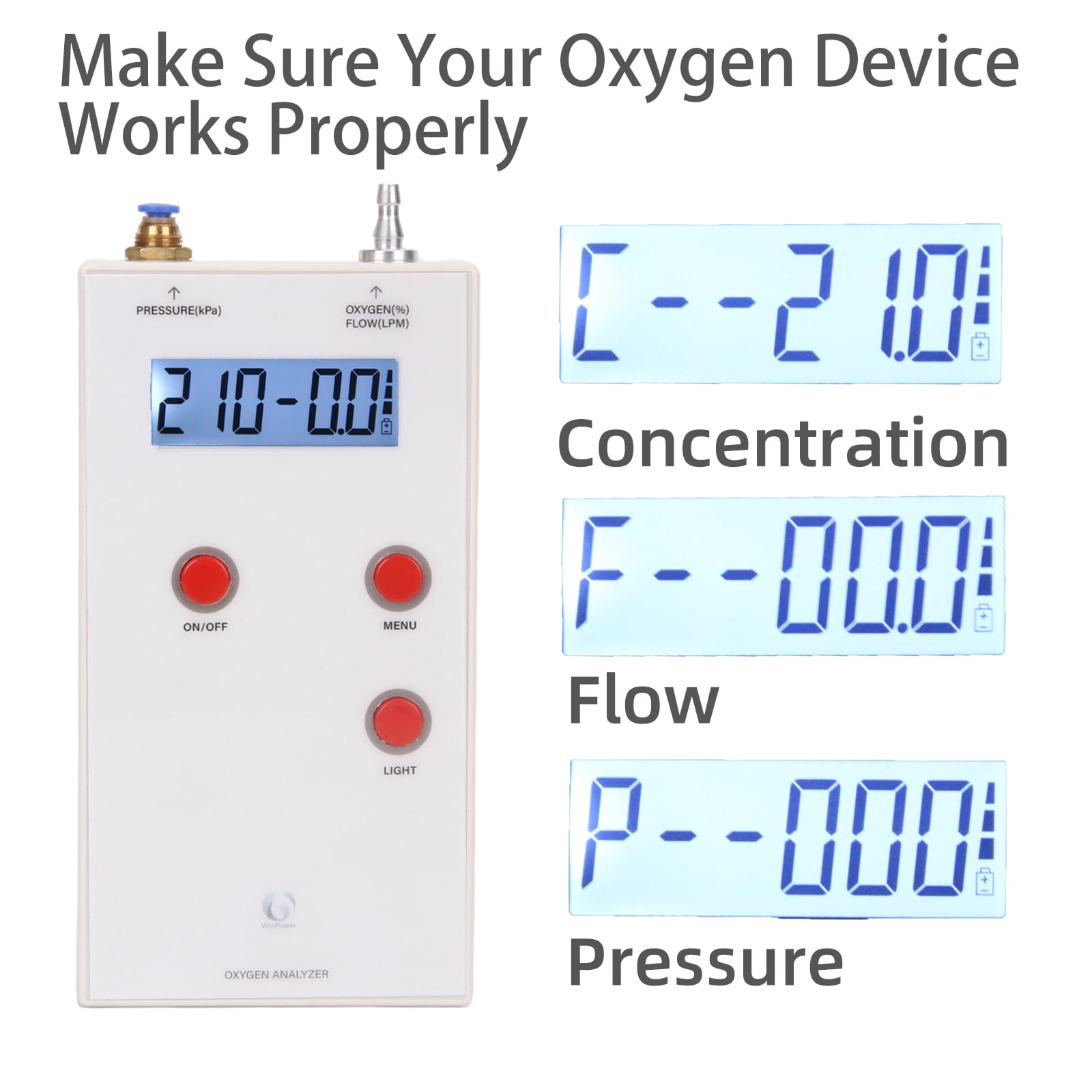 Portable Oxygen Analyzer 3-in-1 Gas Purity Flow Pressure with LCD Backlit Display Oxygen Purity Tester Rechargeable Battery