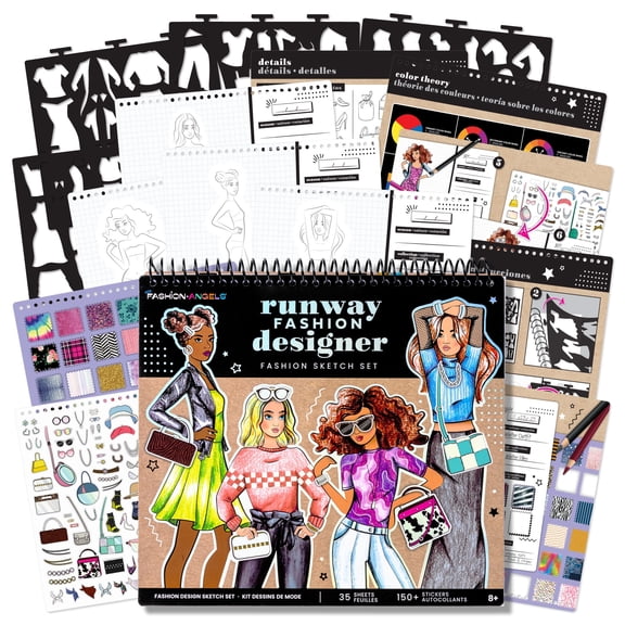 Fashion Angels: Runway Fashion Designer Sketch Set - 35 Sheet Portfolio Pad, Stencils & Stickers, Create Clothing Styles, Drawing & Activity, Kids 6 