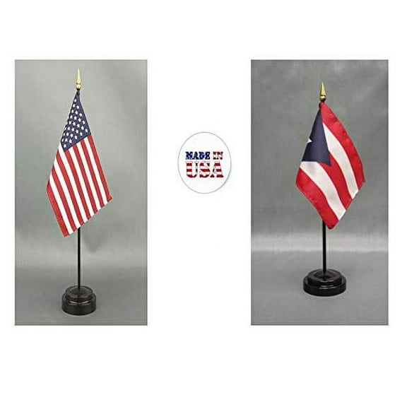 Made in The USA. 1 American and 1 Puerto Rican Rayon 4"x6" Office Desk & Little Hand Waving Table Flag, Includes 2 Flag Stands & 2 Small 4"x6" Mini Stick Flags