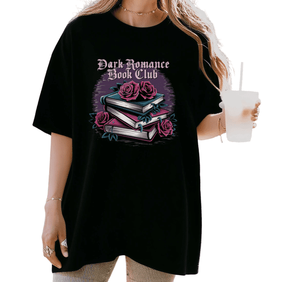 Women's Vintage "Dark Romance Book Club" Stacked Books Rose Graphic Comfortable T Shirt Short Sleeve Round Neck Top Black S-5XL