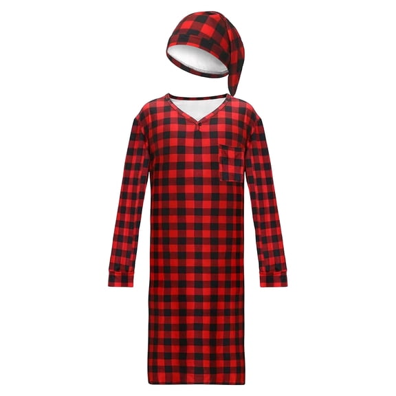 ICHUANYI Men's Checkered Printed Nightgown and Sleeping Cap, Long Sleeve Soft Sleepwear Nightshirt with Pocket, Loose And Elongated T-shirt Nightgown