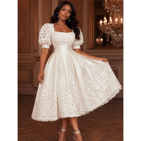 Women's White Lace and Satin A-Line Midi Silhouette Midi Dress with Square Neck for Wedding Guest, Prom and Evening Party