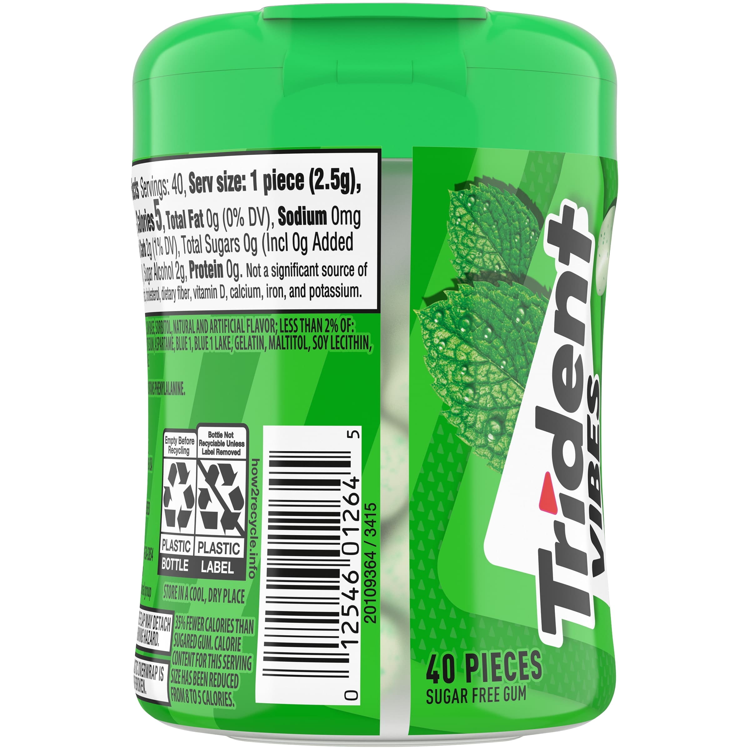 (4 pack) Trident Vibes Sugar Free Gum, Spearmint Rush, Regular Size, 40 Piece Bottle
