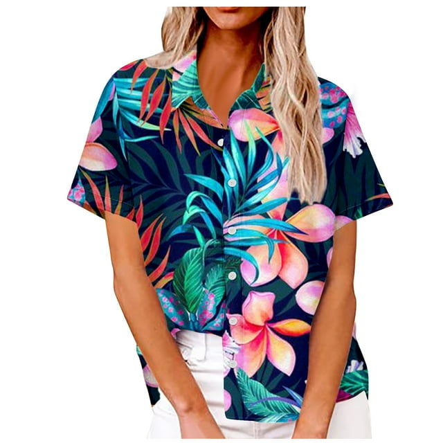 Camisas de Manga Corta para las Mujeres Cuello Redondo Hawaii Impresión Casual Blusa Plisada, Top Flujo