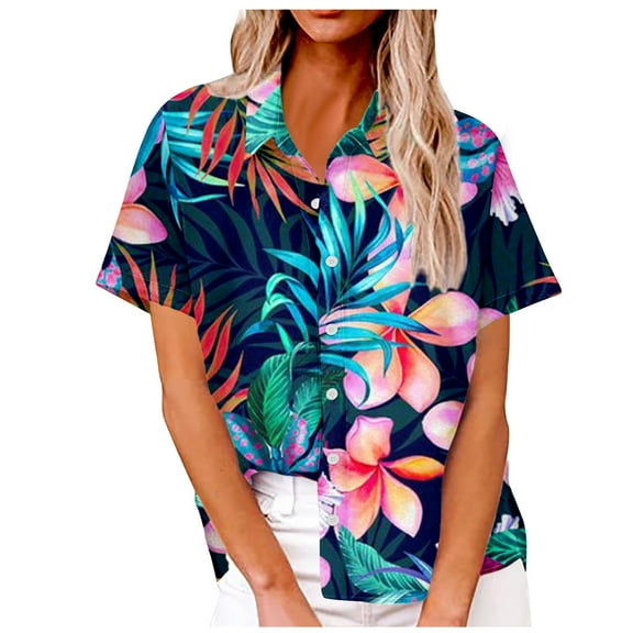 Lovskoo 2024 Women's Hawaiian Shirts Floral Button Summer Soft Short Sleeve Button Down Shirts Dark Blue L