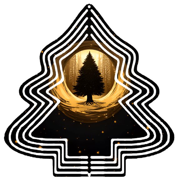 Stylized Metal Christmas Tree Wind Spinner - Concentric Rings with Pine Tree Silhouette & Golden Glow - Perfect for Yard & Garden Decor