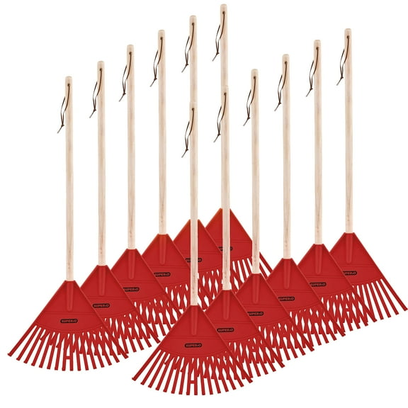 Superio Kids Rake with Hardwood Handle- Durable Plastic Red Head to Sweep Leaves in Lawn and Tidying Up The Garden – 34 “Height (12 Pack)