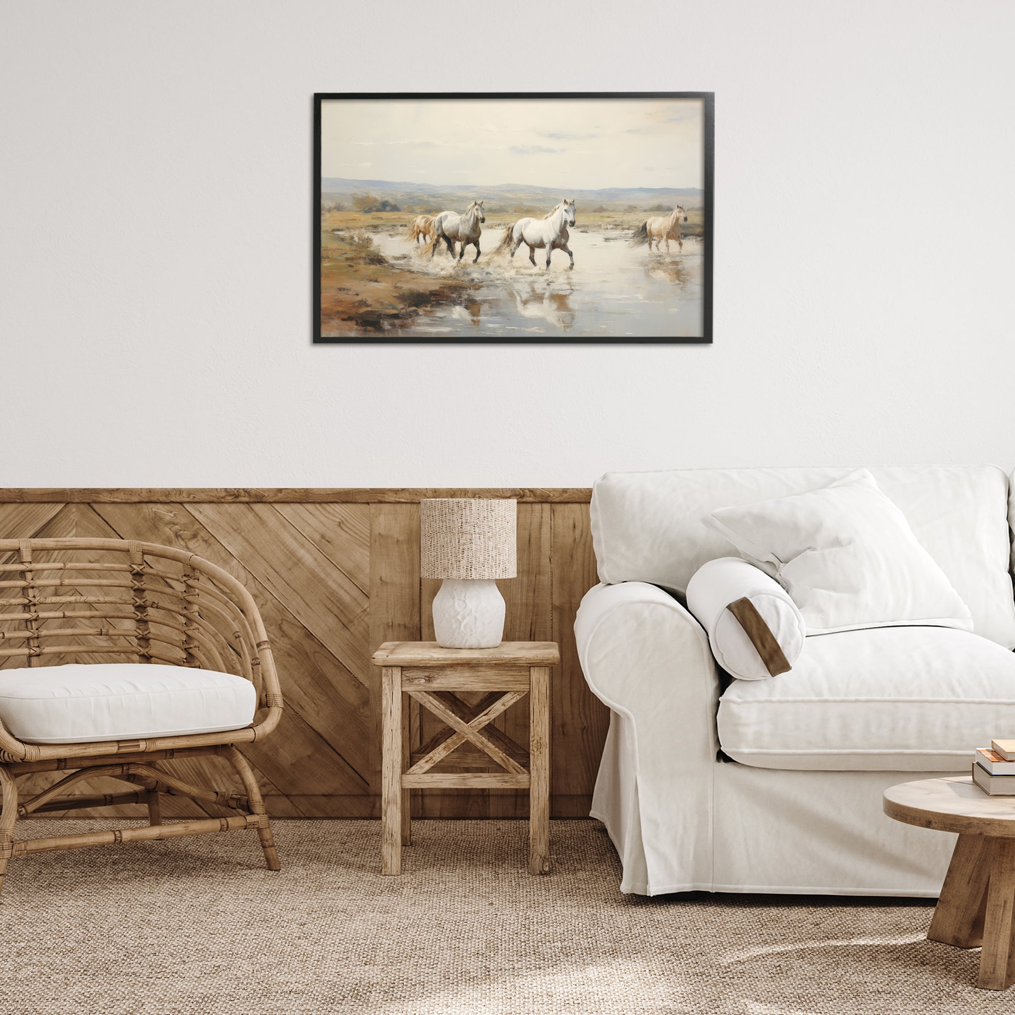 Stupell Industries Free Horses Running Landscape Painting Black Framed Art Print Wall Art, 30 x 20