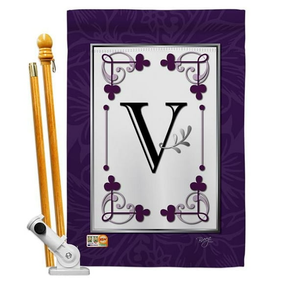 Breeze Decor BD-SB-HS-130022-IP-BO-D-US09-BD 28 x 40 in. Vertical Classic V Initial Interests Simply Beauty Impressions Decorative Double Sided House Flag Set with Pole & Bracket Hardware