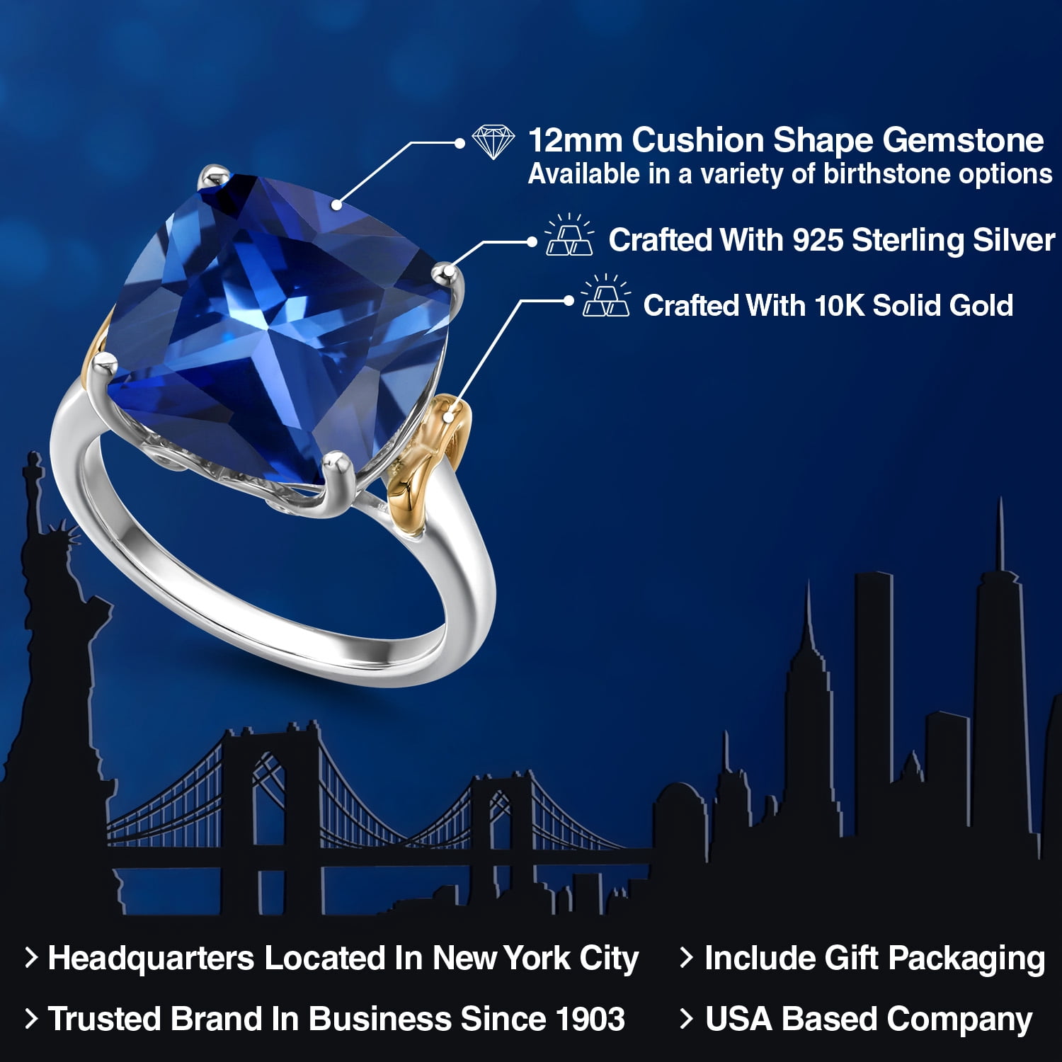 Gem Stone King 925 Silver and 10K Yellow Gold Blue Created Sapphire Solitaire Engagement Ring for Women | 8.50 Cttw | Cushion 12MM | Gemstone September Birthstone | Size 7