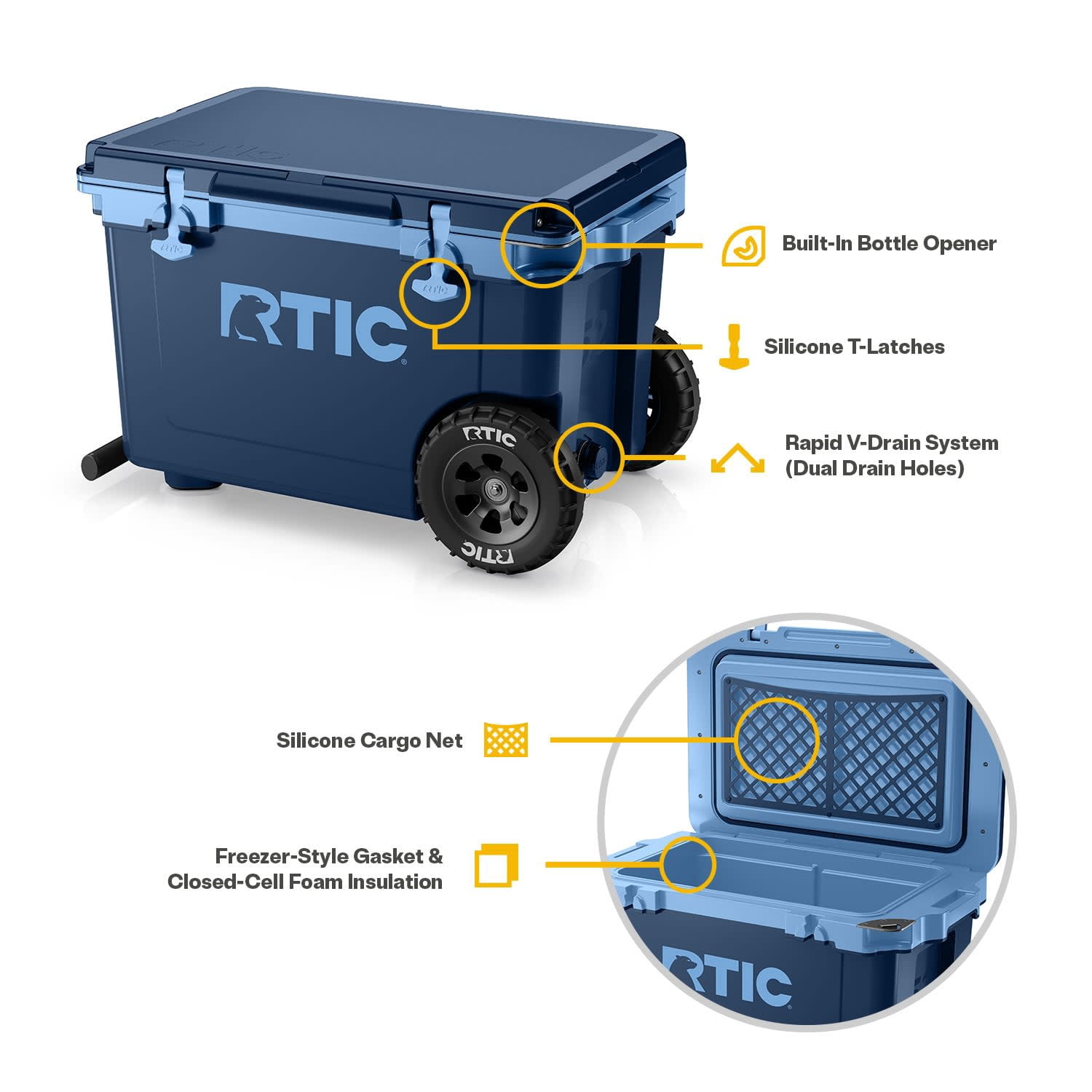 RTIC 52 QT Wheeled Hard-Sided Ice Chest Cooler, Ultra-Light, Fits 76 Cans, Navy & Denim
