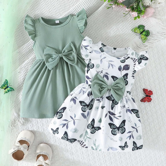 Girls Summer Dresses Flowy Tierless A-Line Bow Detail Spaghetti Strap Casual Beach Sundress Green 6-9 Months