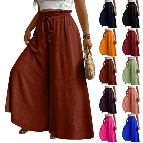 Women's 2026 Summer Linen Pants Wide Leg Palazzo Trousers Casual Drawstring Beach Pants Coffee 4XL