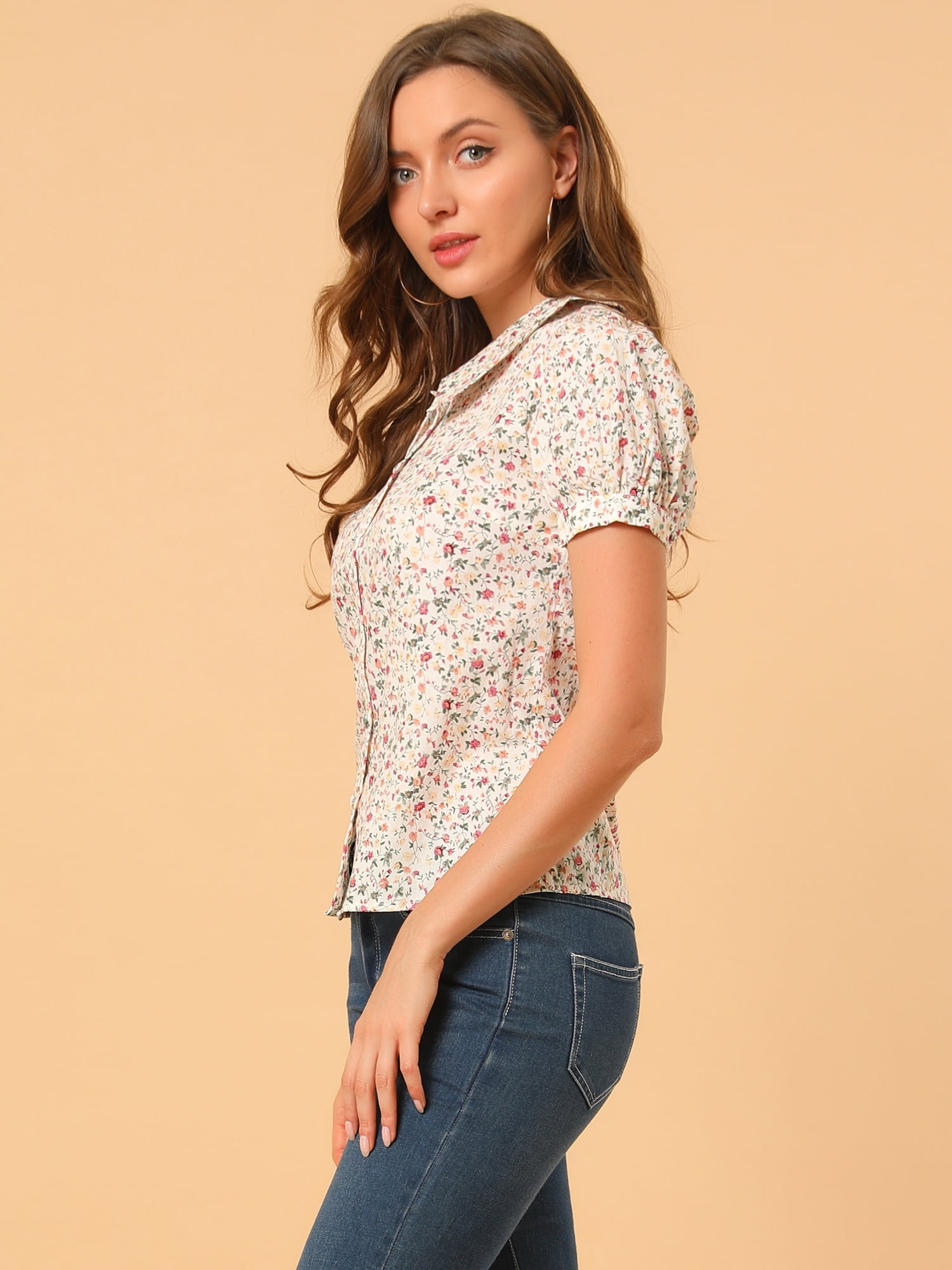 DARING DIVA Women's Turndown Collar Button Down Floral Blouse L White