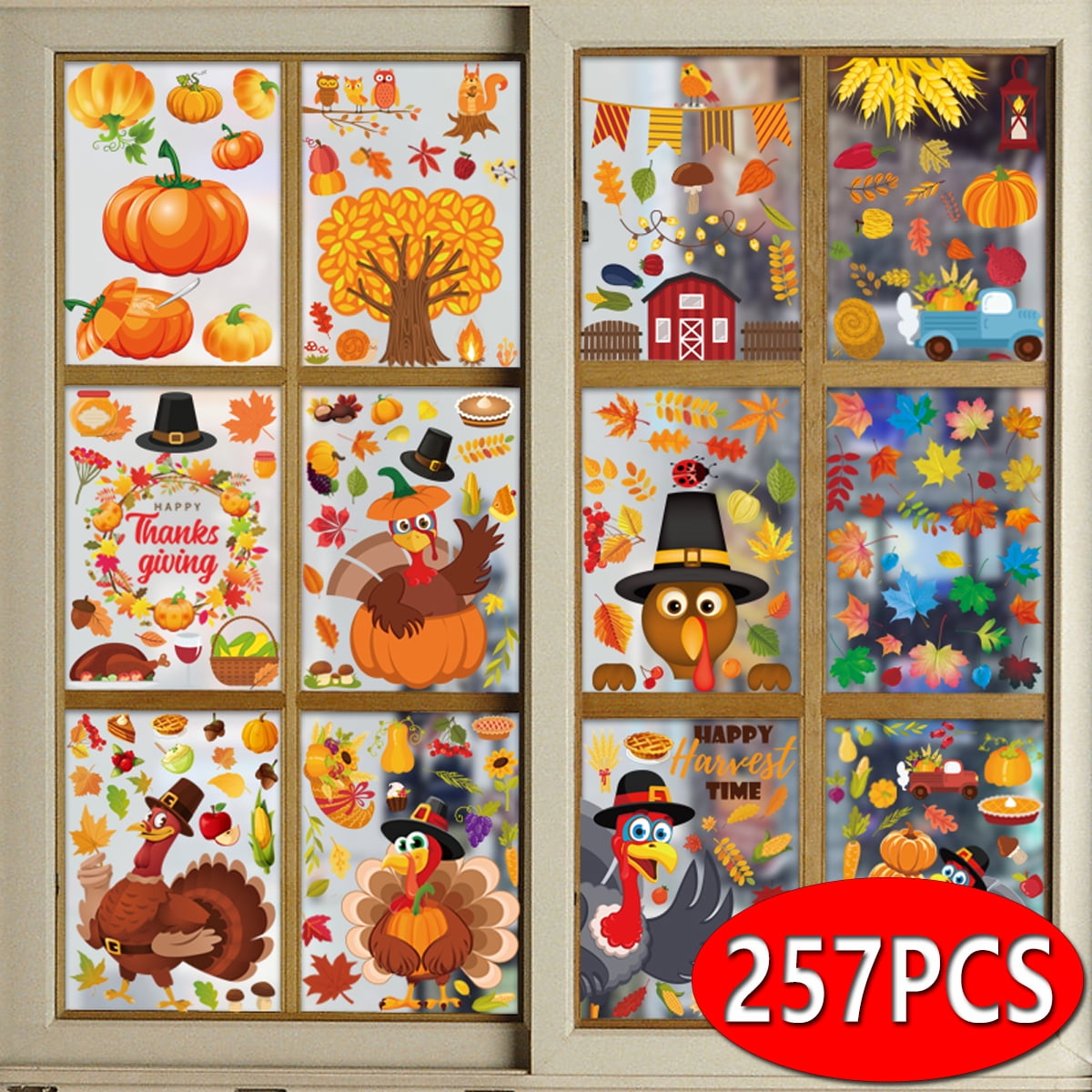Maple Autumn Pumpkin Window Clings Decor 234 Pieces Thanksgiving Fall Autumn Leaves Acorns Window Sticker Decals Party Decor Ornaments 12 Sheets 