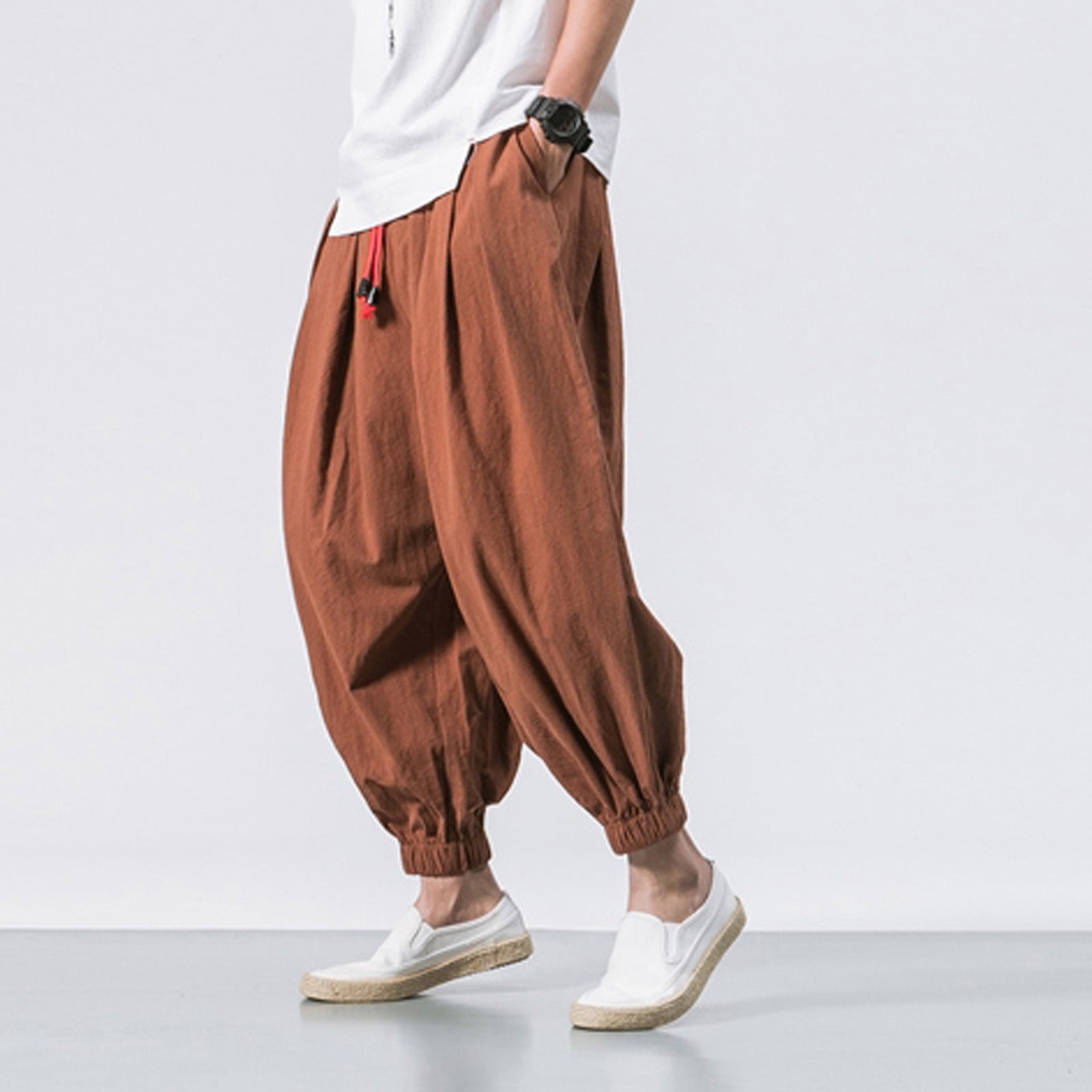 jsaierl Men's Harem Pants Cotton Linen Plus Size Pants Elastic Waist Lace Up Trousers Print Hippie Yoga Pants Comfy Workout Pants for Men