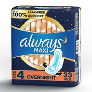 Always Maxi Overnight Pads with Wings, Size 4, Overnight, Unscented, 33 Ct