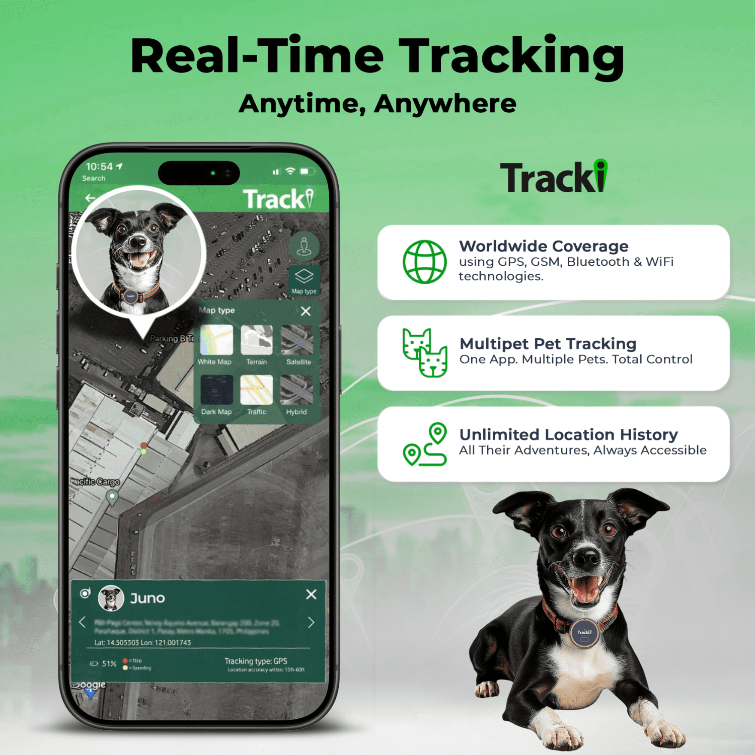 Tracki Dog GPS Tracker  for Dogs – Smart Alerts, Geo-Fence, Waterproof, Collar-Compatible – Long-Life Battery – iOS & Android  Subscription Required