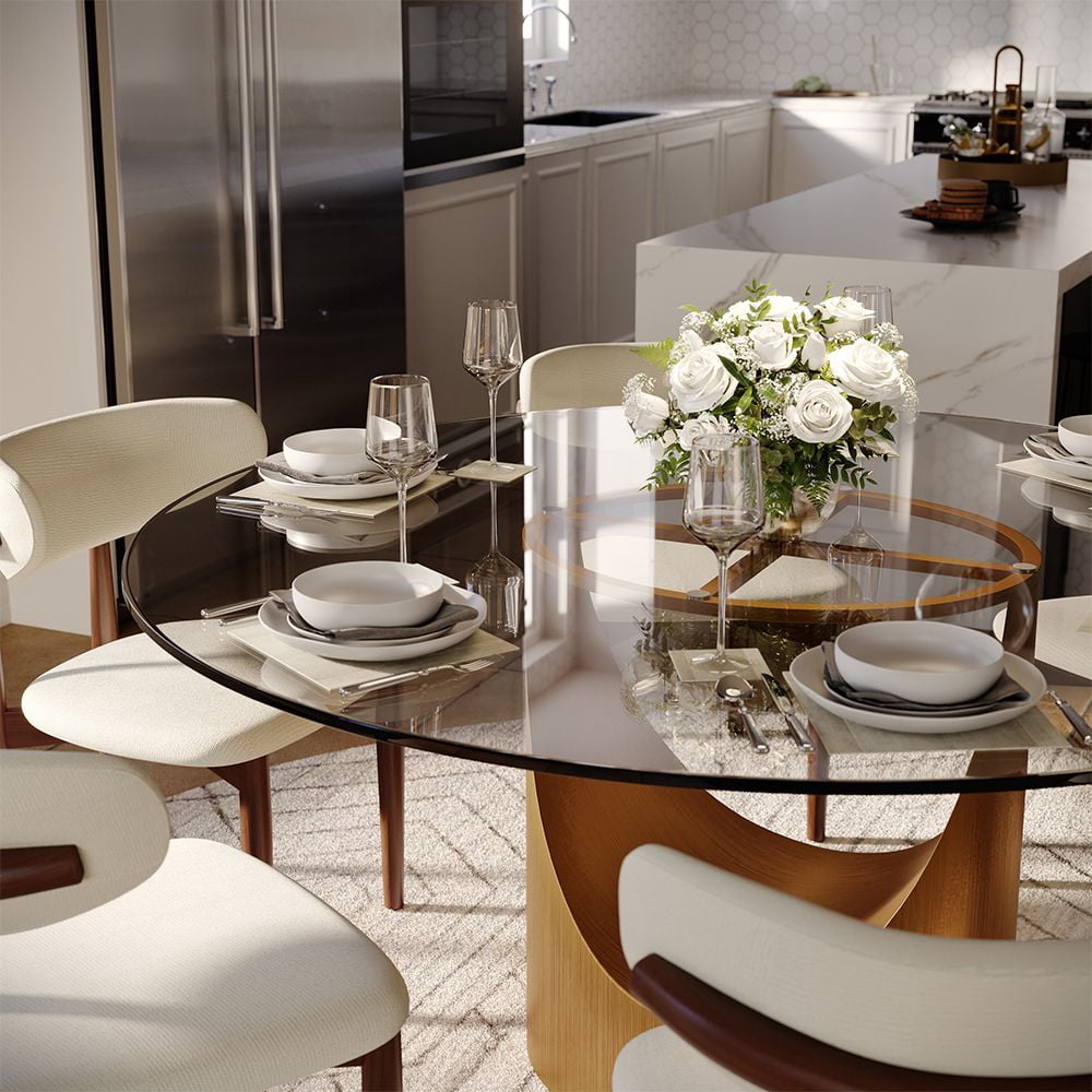 51"Modern Round Glass Dining Table for 4, Clear Glass Table for Kitchen, Bronze Carbon Steel Pedestal