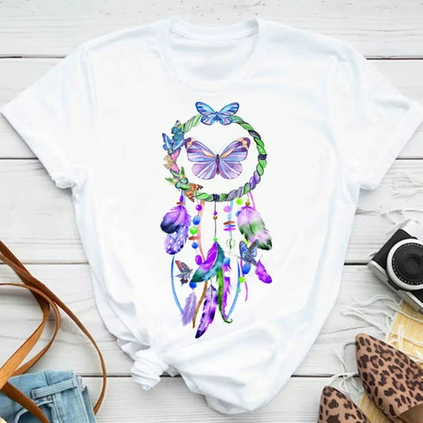 Nueva Camiseta De Mariposa Púrpura Con Estampado De Pétalos De Flores Para Mujer , Manga Corta , Cuello Redondo , Casual Versátil , Tops Ropa De Primavera Y Verano