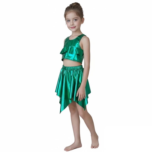 Girls Dance Sparkly Green Dance Sleeveless Ruffles Top and Sparkly Skirt Set Jazz Dance Street Dance Outerwear 7-9 Years