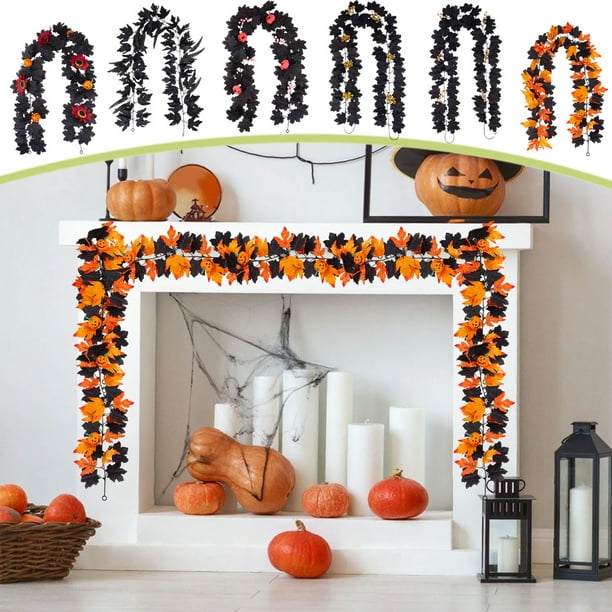 Guirnalda de ratán de hoja de arce de Halloween | Enredadera colgante de seda artificial negra • Decoración para chimenea interior de 28x25 cm • Acento navideño de otoño para Acción de Gracias •