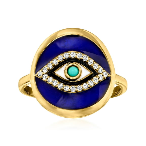 Ross-Simons 0.10 ct. t.w. White Topaz and Multicolored Enamel Evil Eye Ring With Turquoise in 18kt Gold Over Sterling, Women's, Adult
