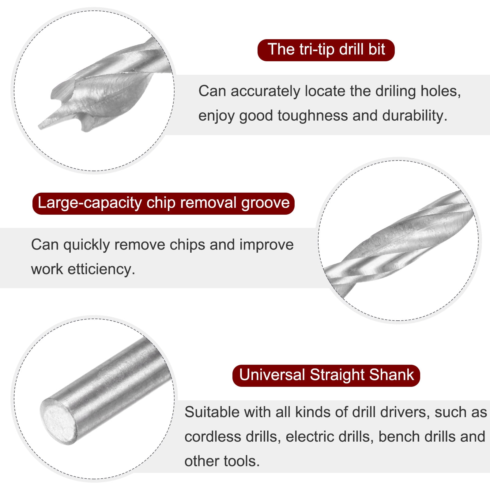 Uxcell Brad Point Drill Bit 2.5/3/3.5/4/4.5/5/5.5/6/6.5/7/7.5/8/8.5/9/9.5/10mm Dia Straight Round Shank Drill Metric Brad Point Spiral Twist Drill Bits for Woodworking, 16 In1 Set