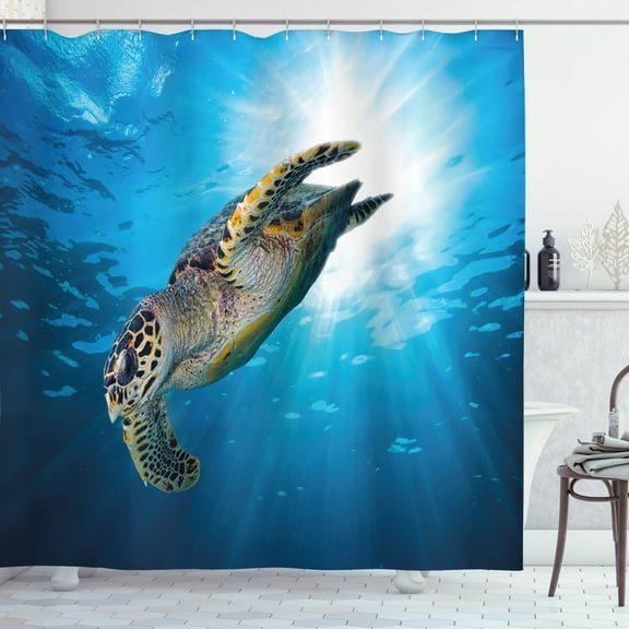 Ambesonne Under the Sea Shower Curtain, Sea Turtle Diving, 69"Wx75"L, Yellow Brown Blue