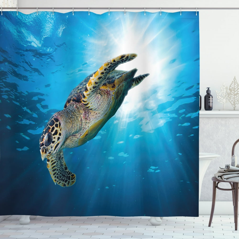 Turtle Shower Curtain, Hawksbill Sea Turtle Dive Deep Into the Blue