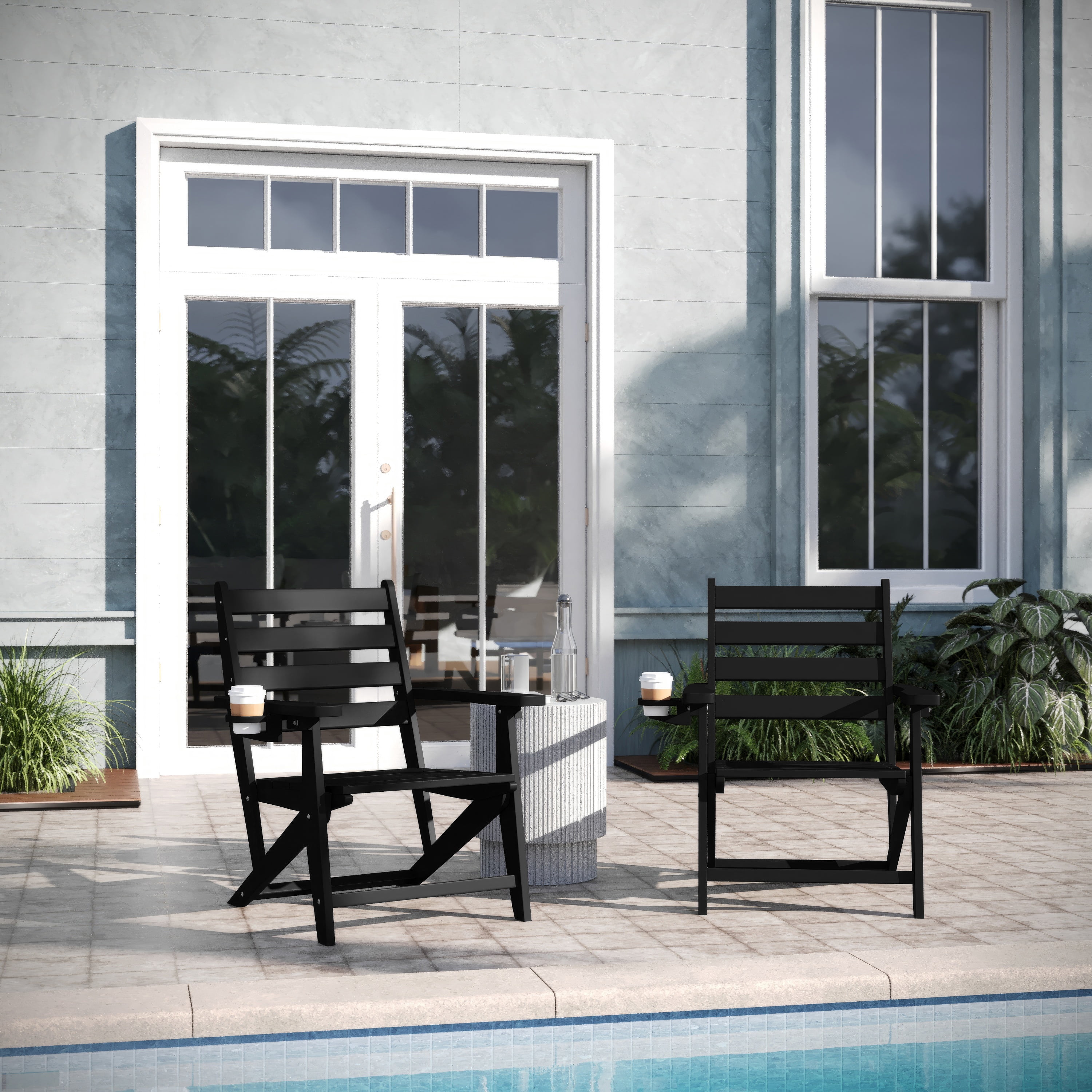 Emma + Oliver Adirondack Dining Chair with Fold Out Cup Holder, Weather Resistant Recycled HDPE Adirondack Chair in Black