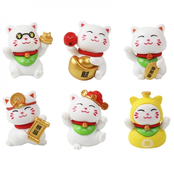 6 Pcs Mini Lucky Cat Figurines Cute Cat Miniature Statues Ornaments Chinese Cat Good Luck Fortune Feng Shui Statue Small Desk Ornament
