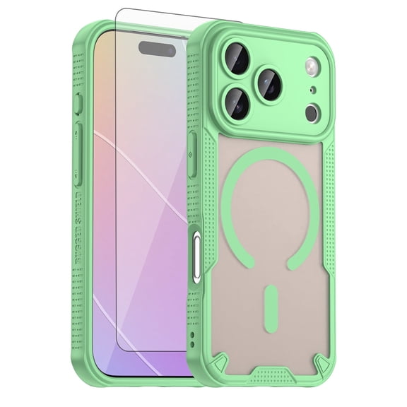 Asuwish Compatible with iPhone 17 Pro 6.3 inch Phone Case Tempered Glass Screen Protector Slim Magnetic Translucent Matte Back Shockproof Hybrid Protective Cover for i Phone17 i17Pro Women Men Green