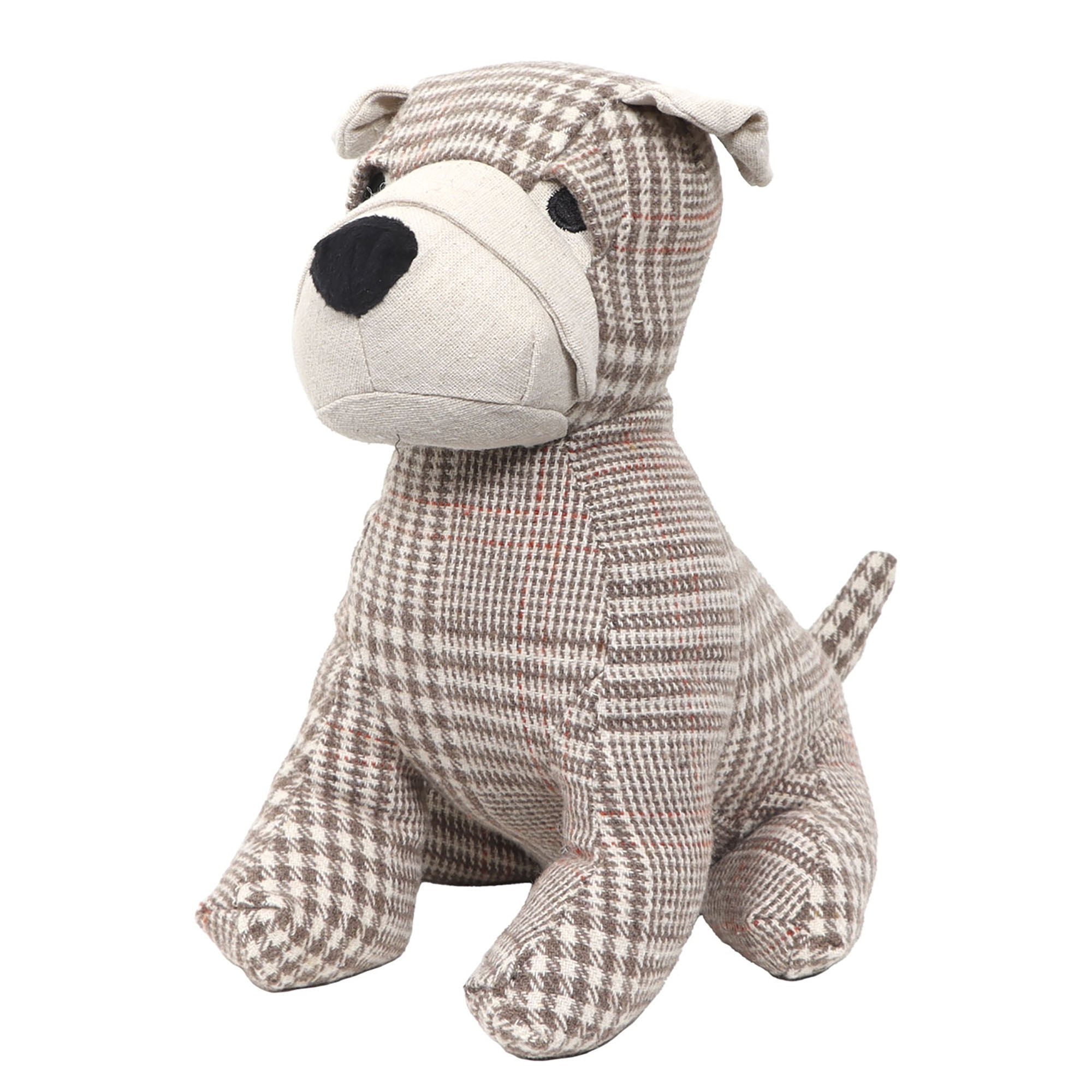 Decorative Dog Door Stop - 2.3 lb. Weighted Door Stopper for Living Room, Bedroom or Office - Adorable Puppy Design with Beige Tartan Fabric - Durable and Stylish Door Holder