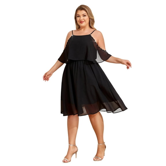 LapaPlus Womens Plus Size Chiffon Dress - Beaded Ruffled Sleeves & Adjustable Straps, Elastic Waist Formal Evening Gown for Weddings/Parties (US14-22)