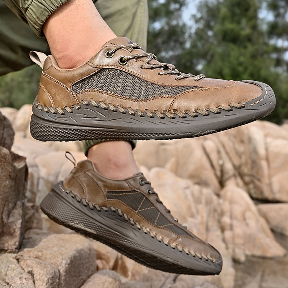 Mens Casual Leather Shoes Outdoor Hiking Work Shoes Breathable Lightweight Sneakers Comfortable Lace-up Driving Shoes Brown 6.5 US