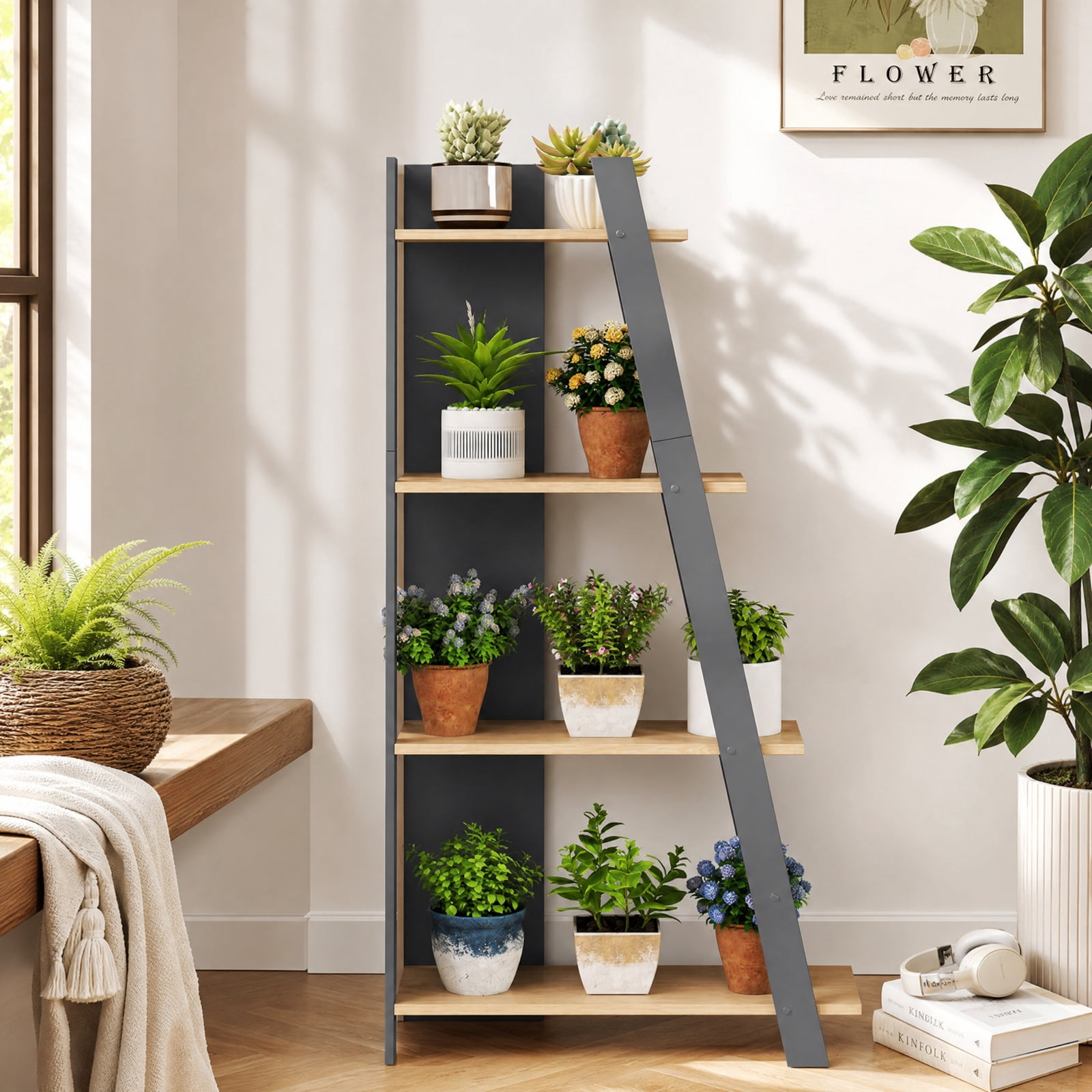 Furnibear 4-Tier Modern Bookshelf Wooden Vertical Display Book Shelf for Small Space for Living Room Home Office Bedroom Display Storage Shelf, Oak