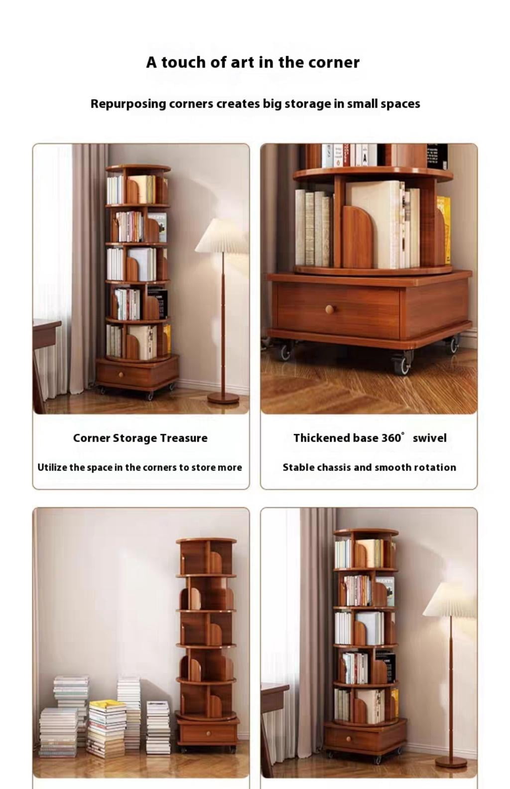 6-Tier Rotating Bookshelf, 360° Display Corner Bookcase with Wheels, Freely Assembled Narrow Storage Rack, Wood Organizer for Bedroom Living Room Study, Walnut Brown
