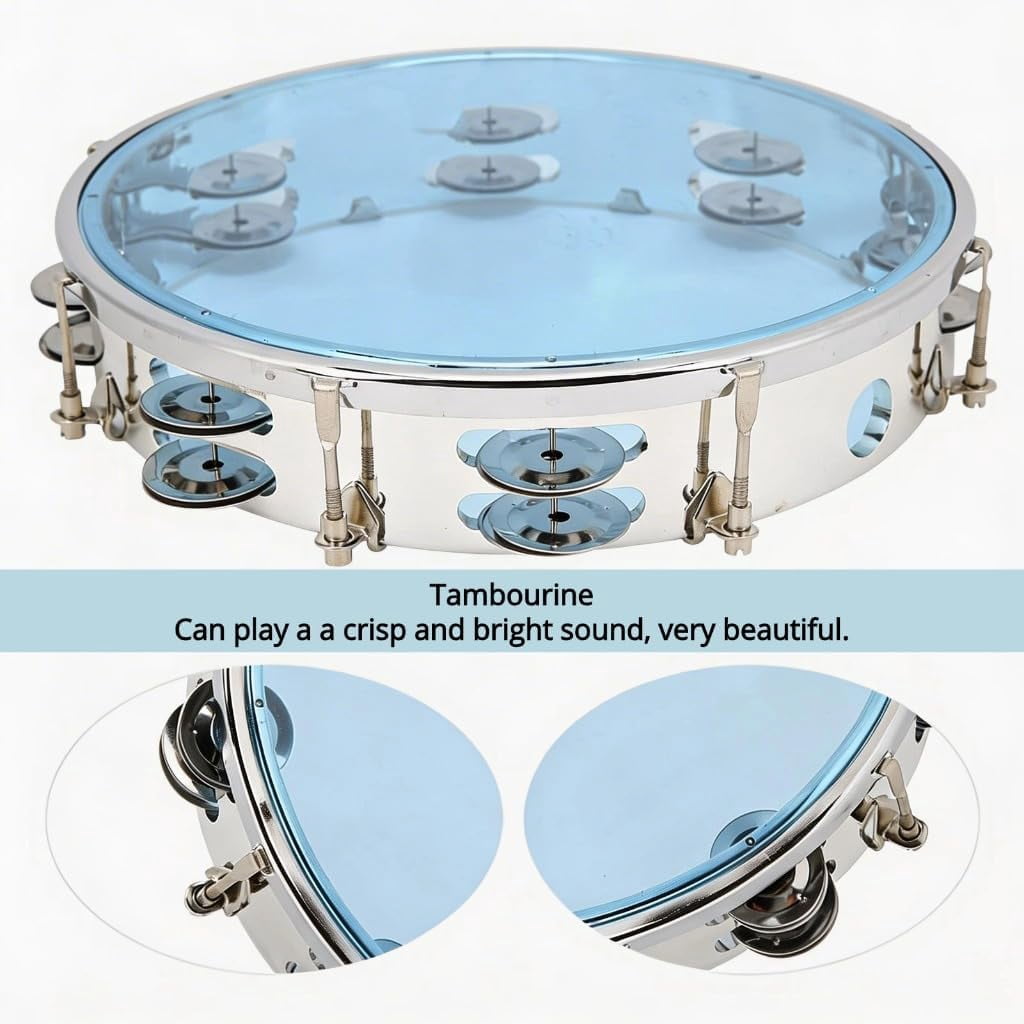 10 Inch Double Row Tunable Tambourine Hand Held Percussion Instrument With Tuning Key For Church Choir Band Adults Blue