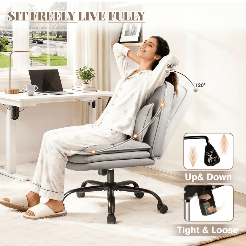 Homall Cross Legged Wide Seat Office Chair with Wheels,Office Armless Desk Chair, Modern Swivel Computer Task Chair Height Adjustable Vanity Chair,in Fabric,Gray