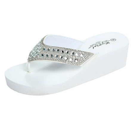 

uikmnh Women Slippers Summer Slippers Rhinestones Wedges Flip Flops Women s Casual Beach Shoes White 6.5