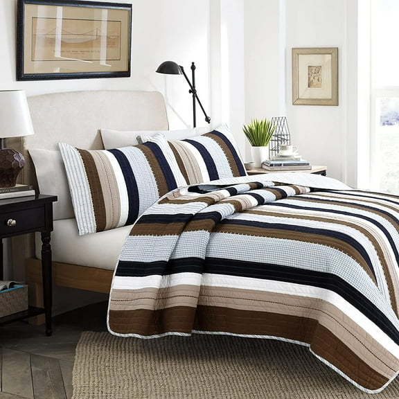Cozy Line Nathan Brown Khaki Navy Blue Stripe 100% Cotton 2-Piece Reversible Quilt Set, Twin