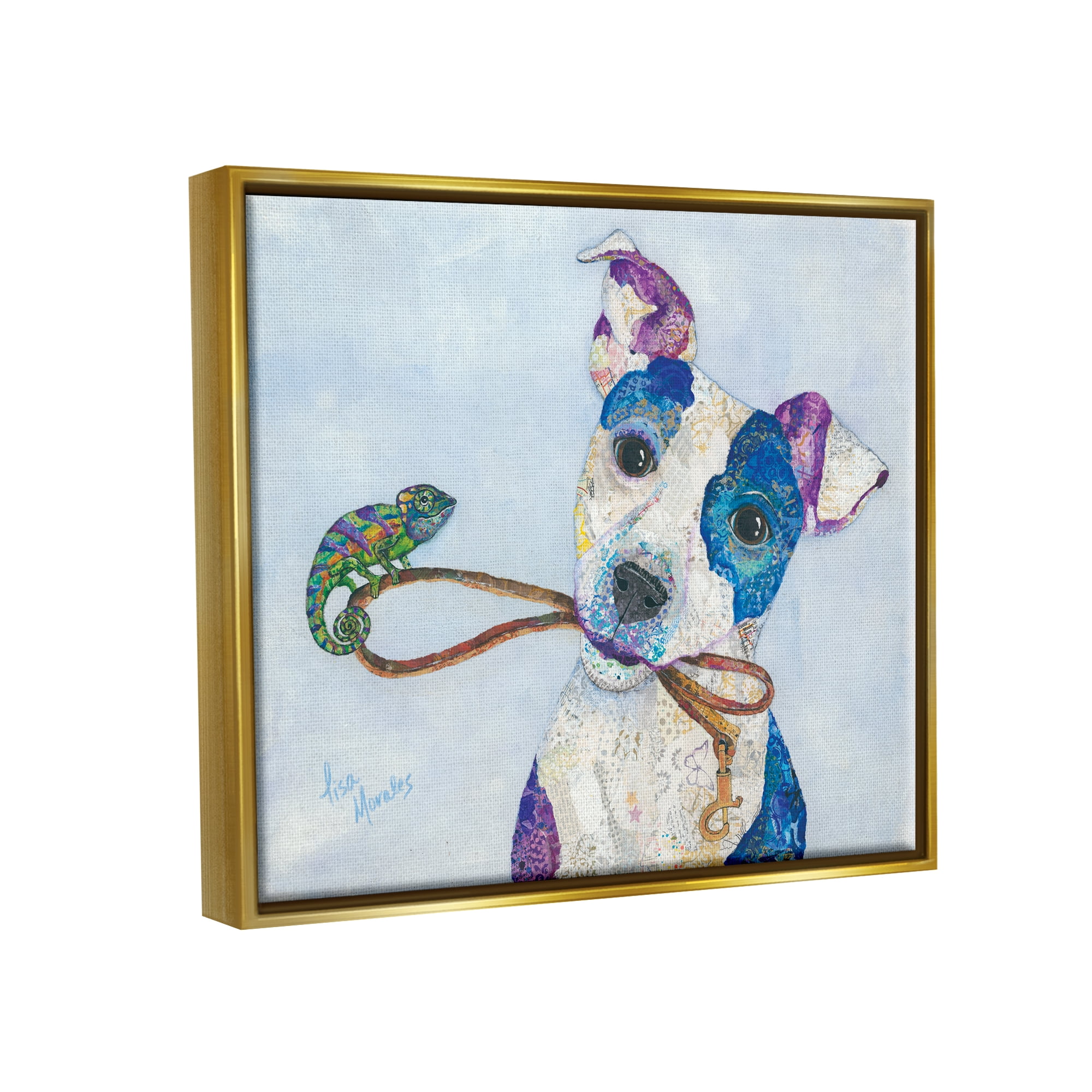 Stupell Industries Jack & Chameleon Smiling Dog Portrait Collage Painting Metallic Gold Floating Framed Canvas Print Wall Art, Design by Lisa Morales